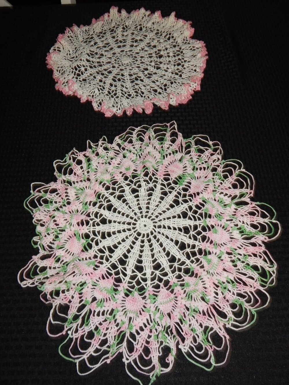 LOT 2 Vintage Large Round Handmade Crocheted Floral Doily Cottage Core Farmhouse